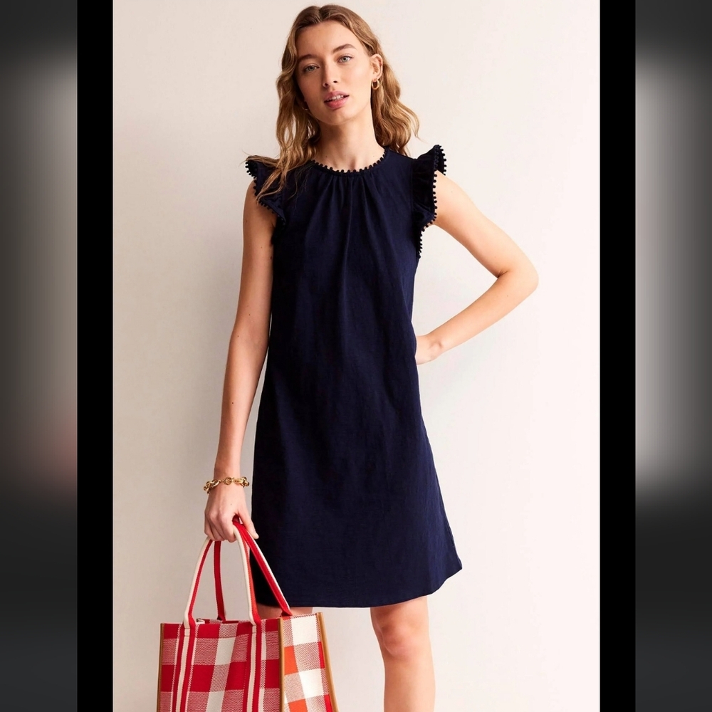BODEN Georgina Pom Ruffle Dress‎ Navy